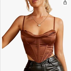 Brown satin spaghetti strap crop corset top, zip back, ruched front